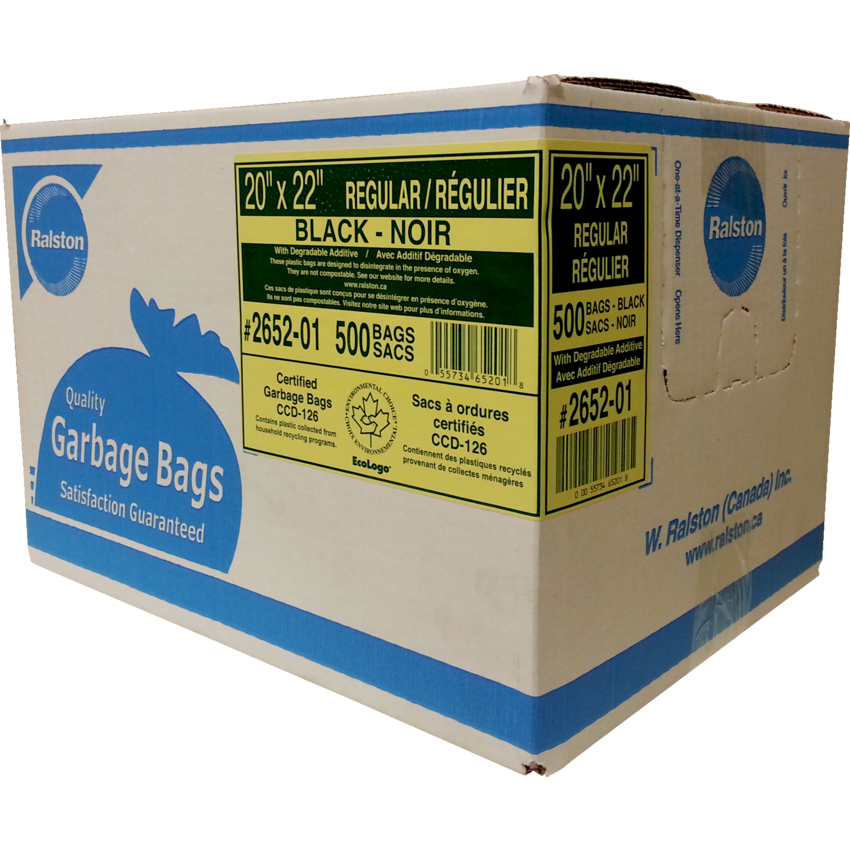 Ralston 2600 Series EcoLogo™ Industrial Garbage Bags Regular 20" x 22" Black 500/ctn