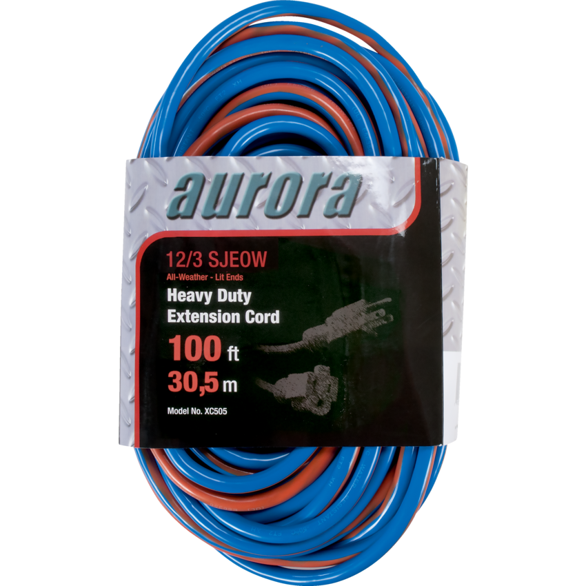 Aurora Tools® All Weather TPE-Rubber Extension Cord with Light Indicator 100' Extra Heavy-Duty Blue/Orange