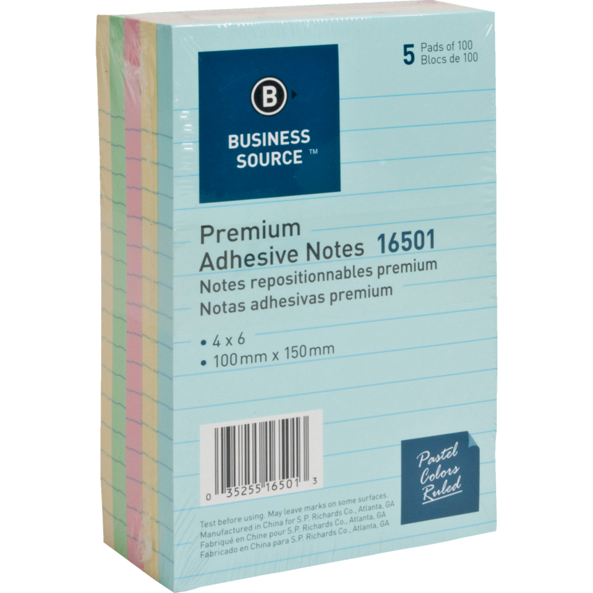 Business Source® Ruled Adhesive Notes 4" x 6" 100 sheets per pad Assorted Pastel Colours 5 pads/pkg