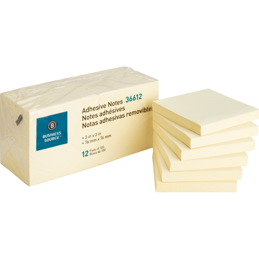 Business Source® Adhesive Notes 3"x3" 100 sheets Yellow 12 pads/pkg