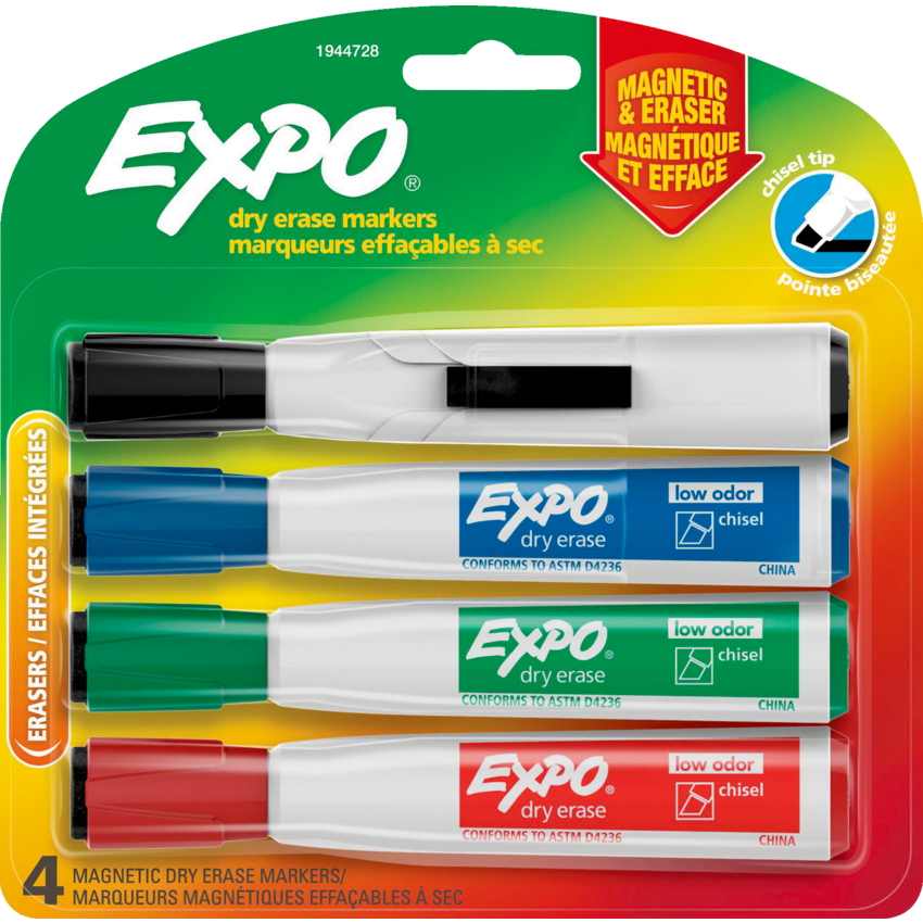 Expo® Magnetic Dry Erase Markers with Eraser Assorted Colours 4/pkg