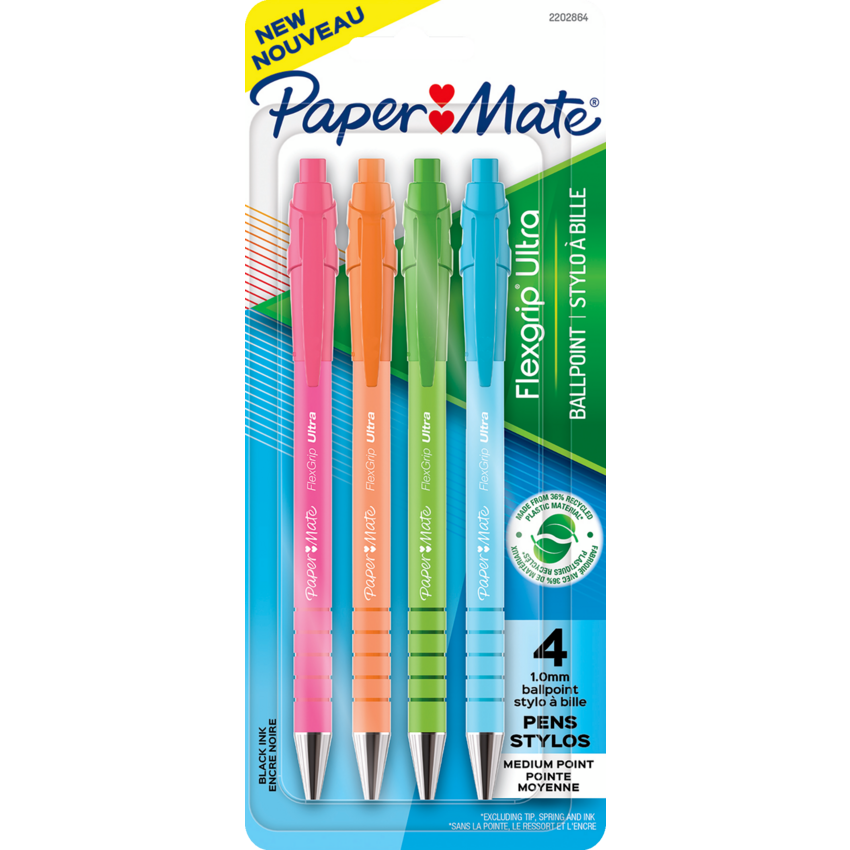 Paper Mate® FlexGrip Ultra® Retractable Ball Point Pens Medium point Assorted Barrel Colours Black 4/pkg