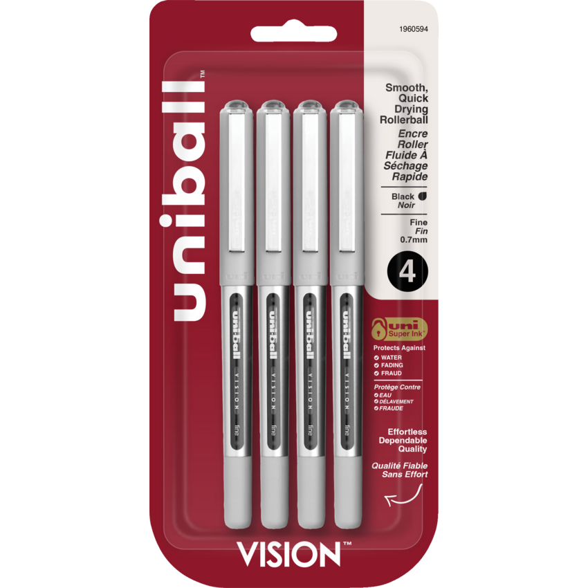 uni-ball® Vision™ Roller Pens 0.7 mm Black with Grey Barrel 4/pkg