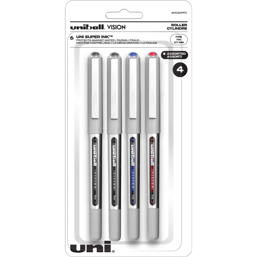uni-ball® Vision™ Roller Pens 0.7 mm Assorted Colours with Grey Barrels 4/pkg