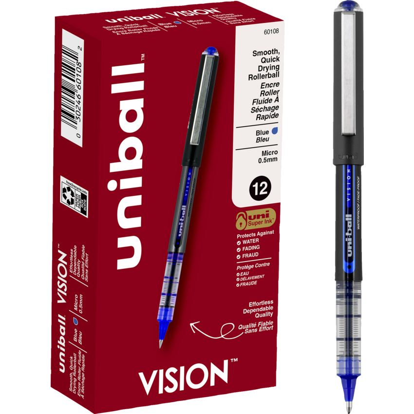 uni-ball® Vision™ Roller Pen 0.5 mm Blue with Metallic Charcoal Barrel 12/box