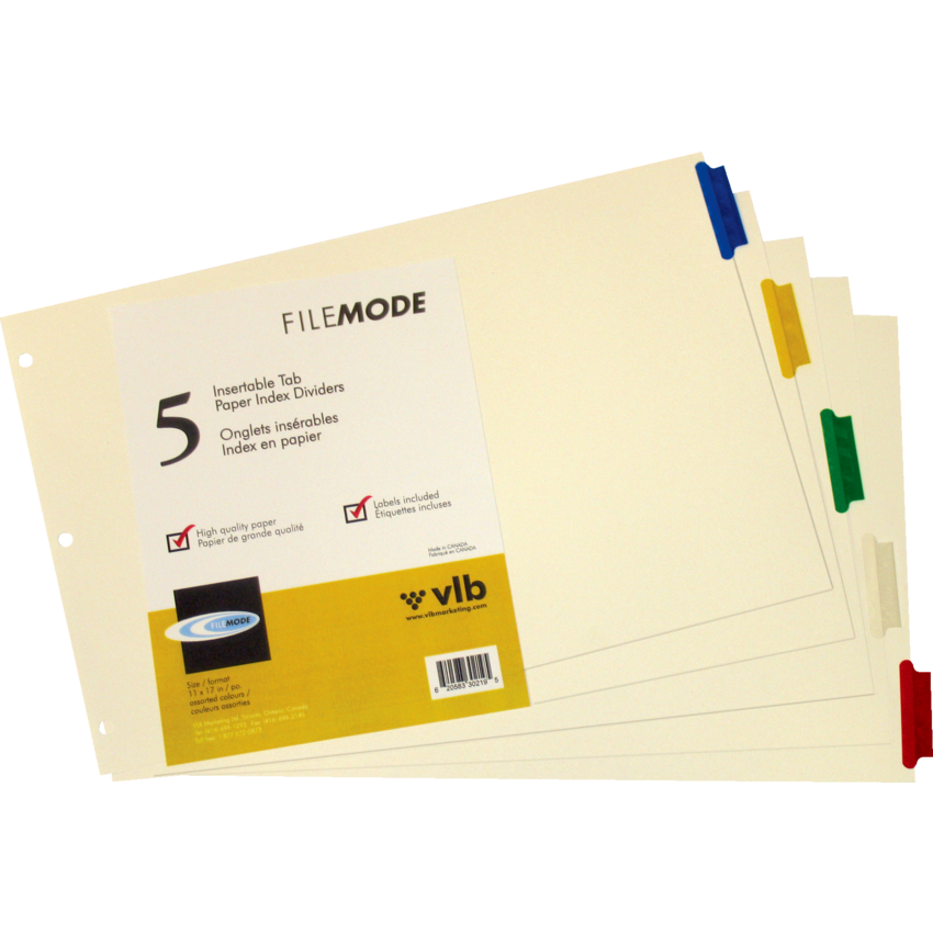 VLB FileMode Large Format Index Dividers Manila Paper 11x17" Assorted Colours 5 Tabs