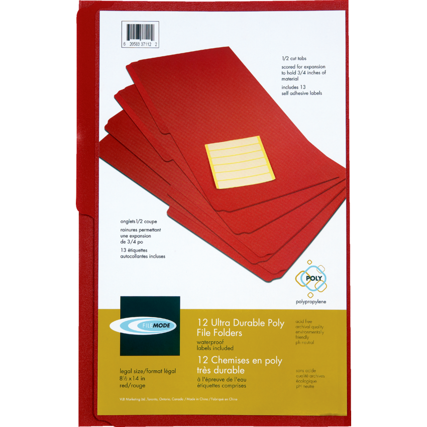 VLB File Mode Poly File Folders 1/2 Cut Legal Red 12/pkg