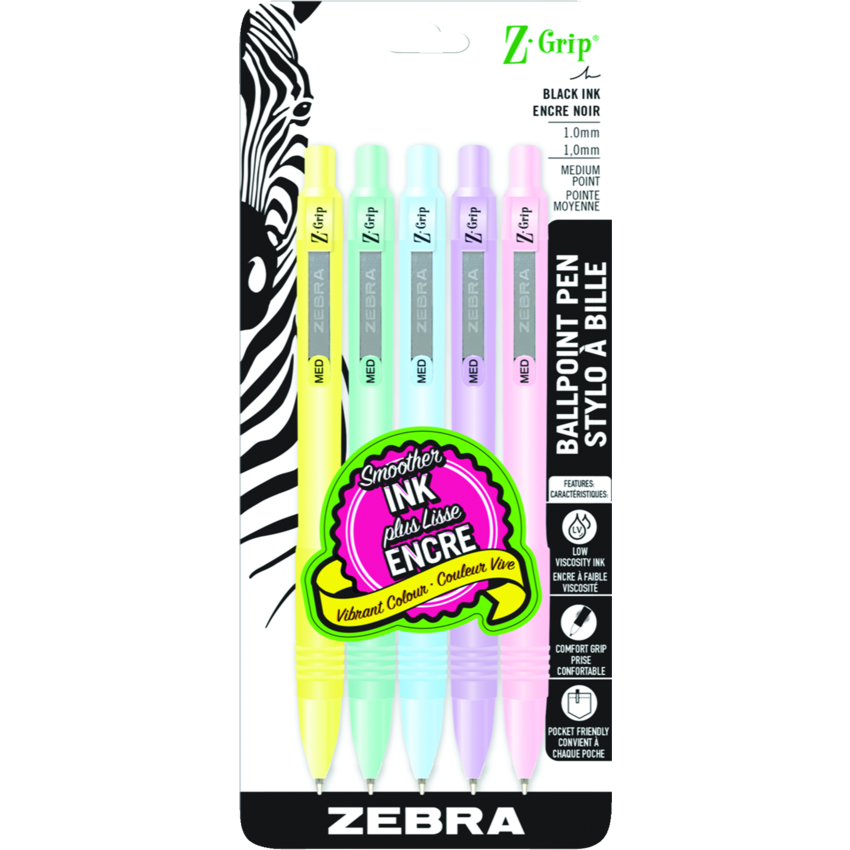 Zebra Z-Grip™ Pastel Retractable Ball Point Pens Medium Tip Assorted Colours 5/pkg