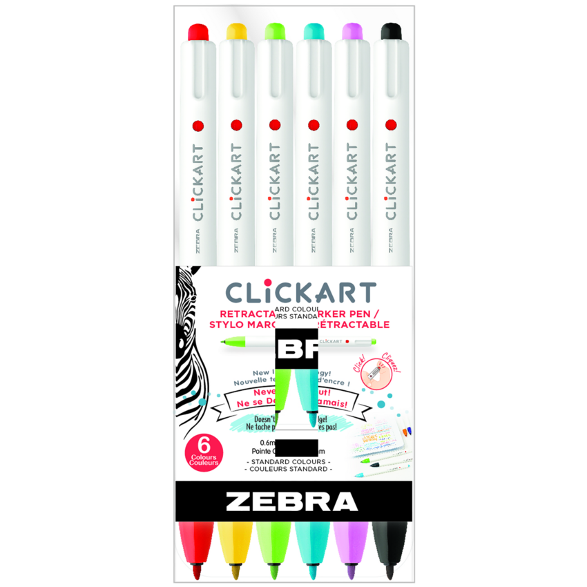 Zebra ClickArt Retractable Markers Bullet Tip Assorted Colours 6/pkg