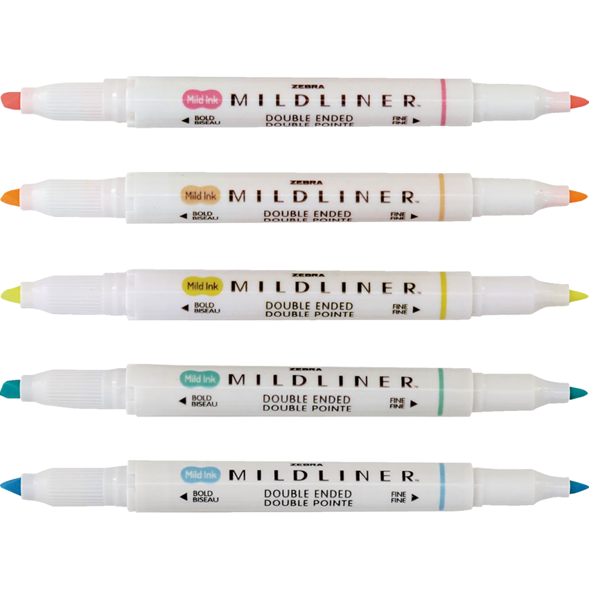 Zebra Mildliner Double Ended Highlighters Assorted Fluorescent Colours 5/pkg