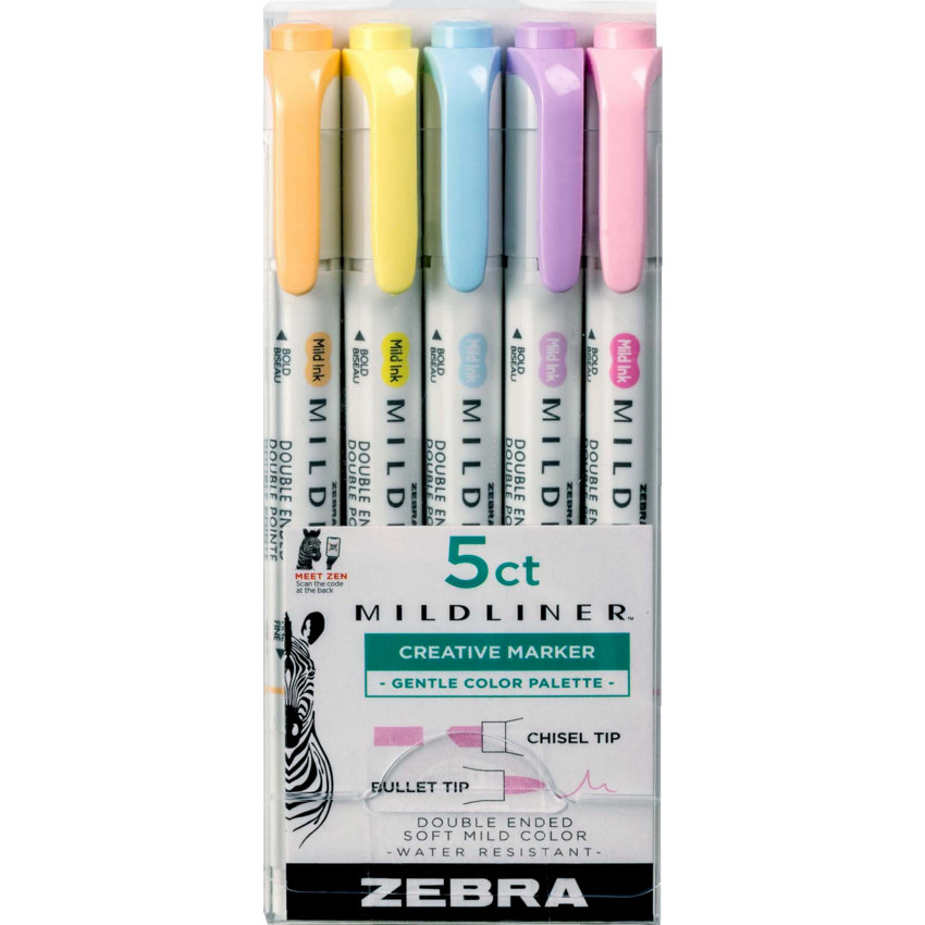 Zebra Mildliner Double Ended Highlighters Assorted Gentle Colours 5/pkg