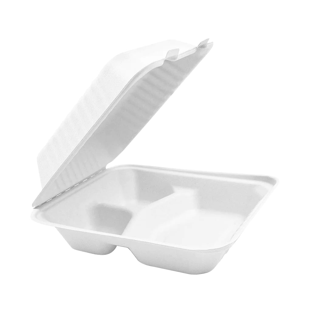 Compostable Hinged Containers with Compartments - White / 3 Compartments