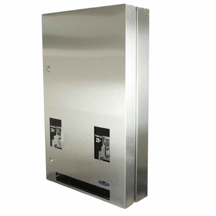 FEMININE PRODUCT DISPENSER - PUSH BUTTON FOR PADS AND TAMPONS - STAINLESS STEEL